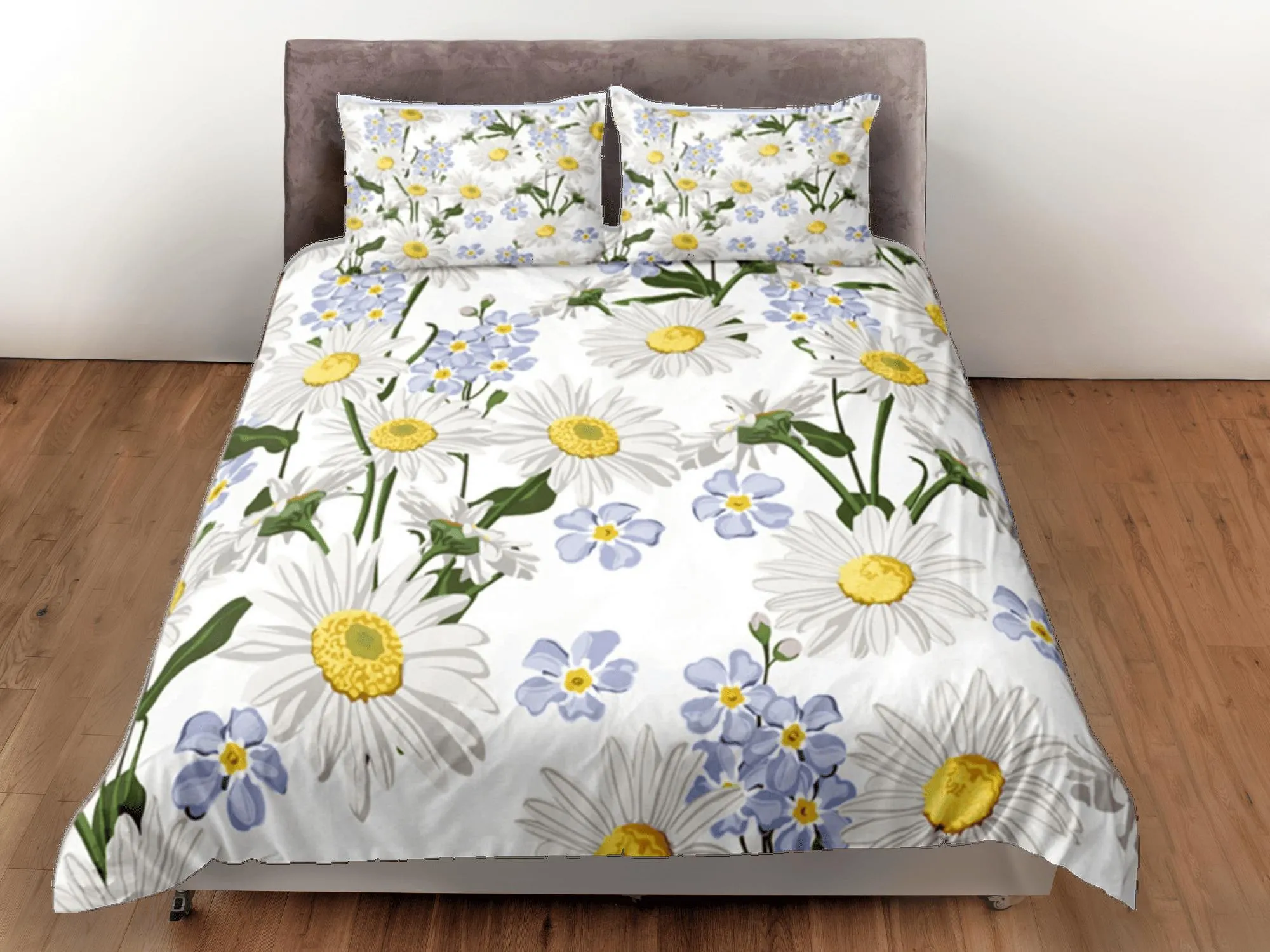 White Duvet Cover Set Botanical Bedspread Dorm Bedding Set Daisy Bedding Single