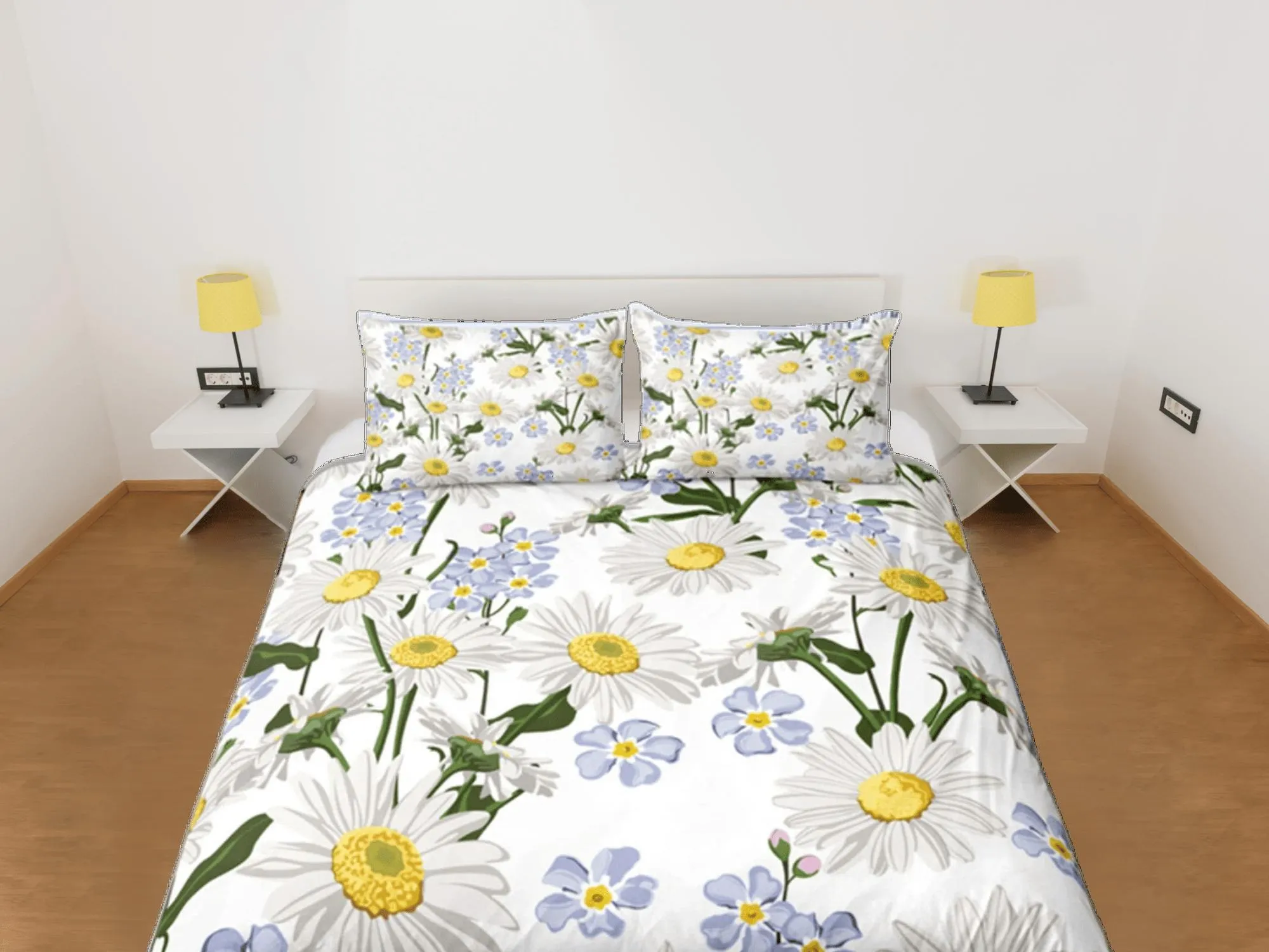 White Duvet Cover Set Botanical Bedspread Dorm Bedding Set Daisy Bedding Single