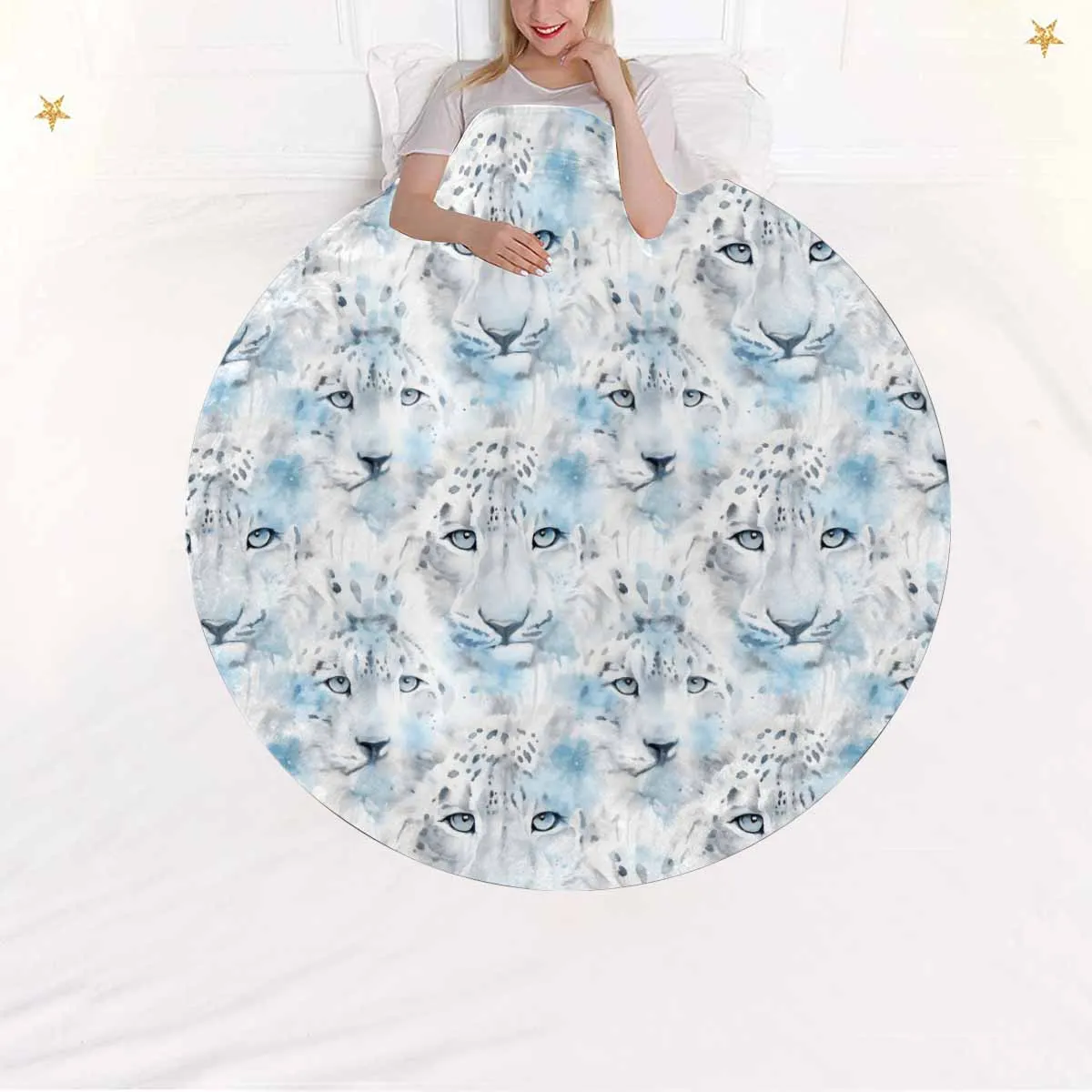 White Leopard  Circular Micro Fleece Blanket 47"