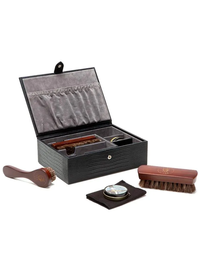 WOLF Blake Shoe Shine Kit - Genuine Black Lizard Leather - Shoe Polish & Brushes