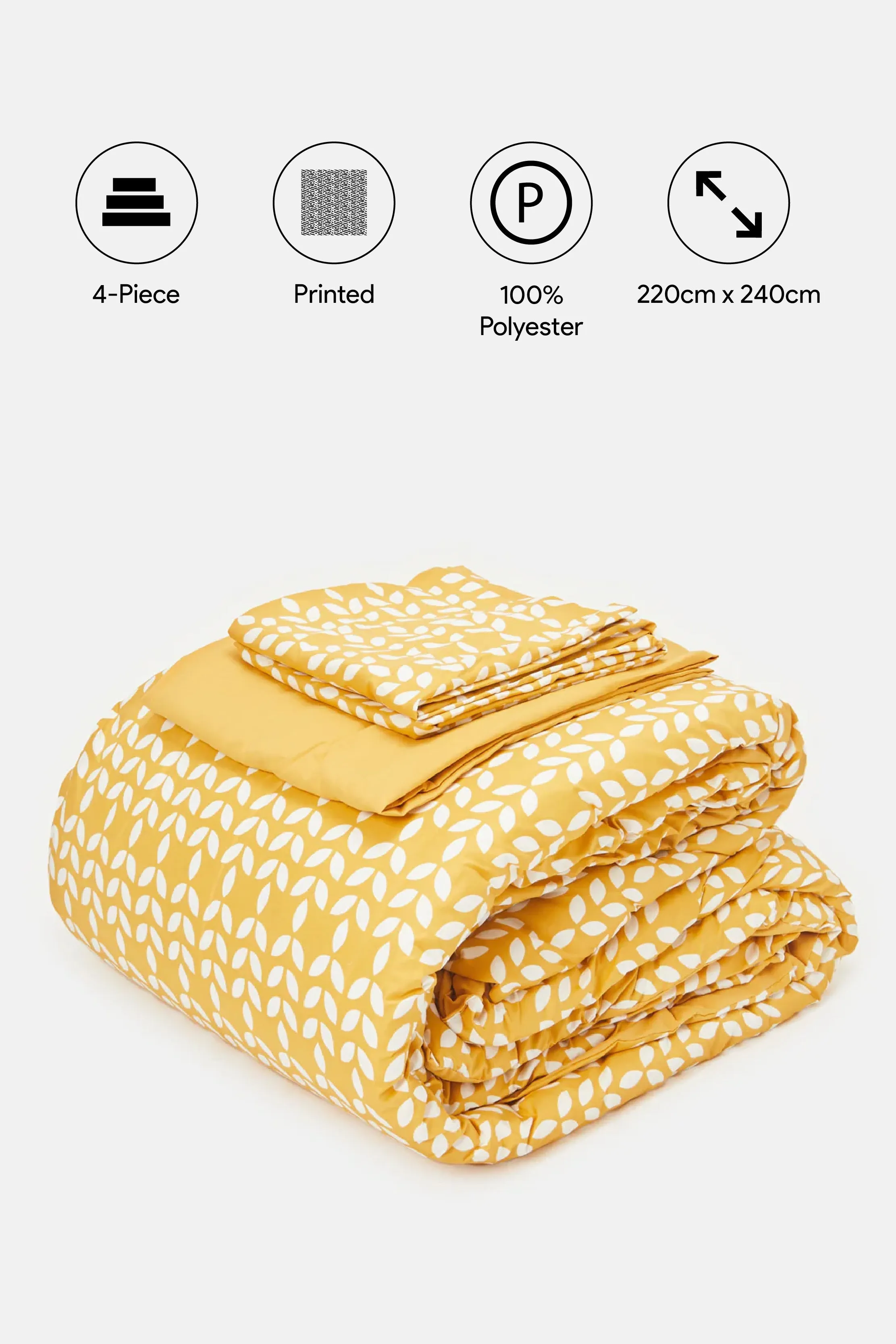 Yellow 4 Piece Leaves Printed Comforter Set (Double Size)